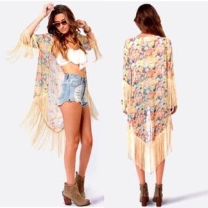 Mink Pink Summer Breeze Floral Fringe Kimono